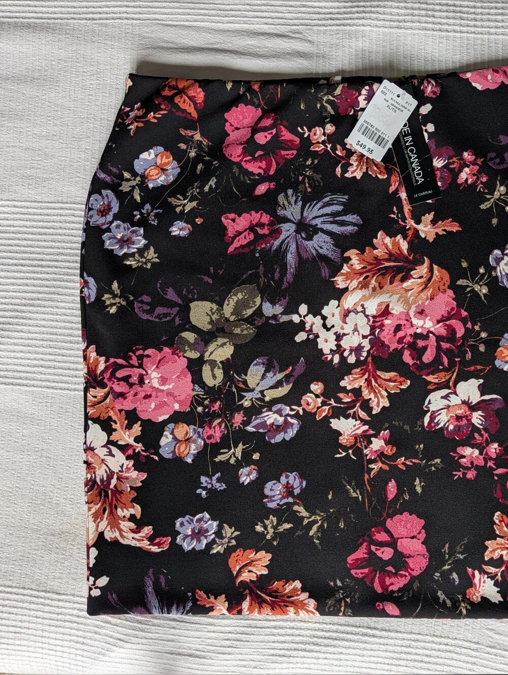Le Chateau Dark Floral Knit Crepe Skirt in Black with Pink Accents - Picture 3 of 10